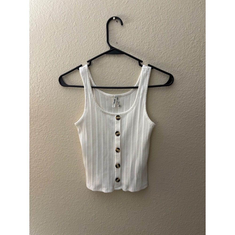 Mudd Womens White Ribbed Knit Button Front Scoop Neck Tank Top S A1069